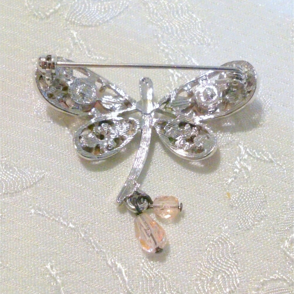 Pink Rhinestone Silver Tone Dragonfly Brooch - Picture 4 of 4